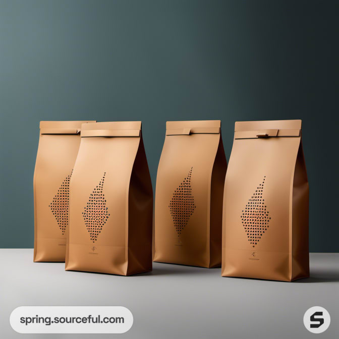 Four brown bags with subtle perforated design on a teal backdrop.
