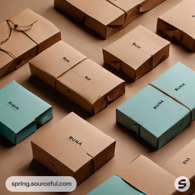 Assorted brown and teal boxes with simple labels on a tan surface.