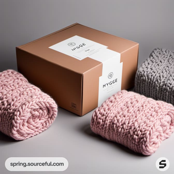 Knit blankets and brown box with label, pink and grey colors.