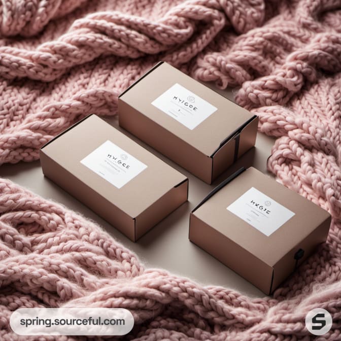 Three brown boxes on pink knitted fabric background.
