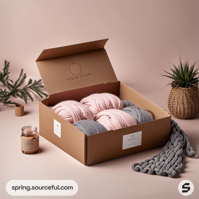 Open box with yarn skeins, knit fabric, and plants.