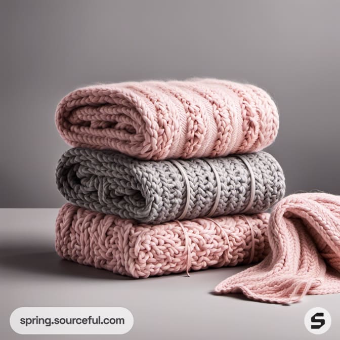 Stack of folded knit blankets in pink and grey.