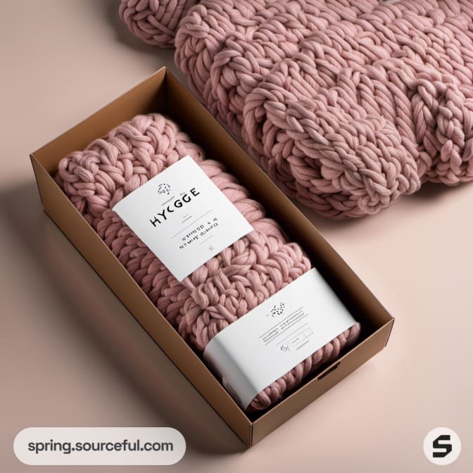Pink knit blanket in brown gift box with label.