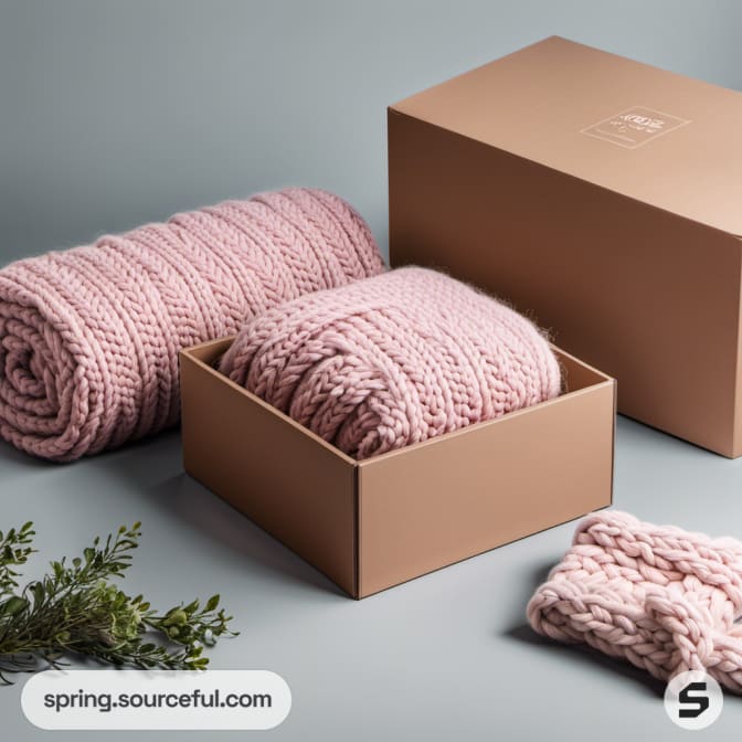 Pink knit blanket in brown box, greenery nearby.