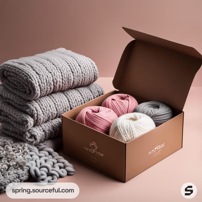 Box of yarn and stacked knit blankets in pink and grey.