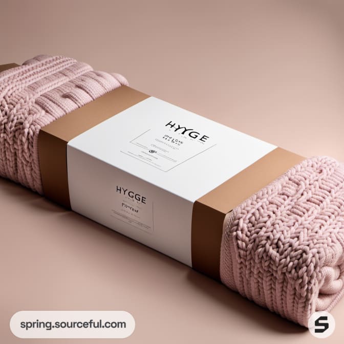 Pink knit blanket rolled with label and brown holder.