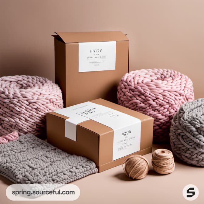Brown boxes and rolled knit fabrics in pink and grey.