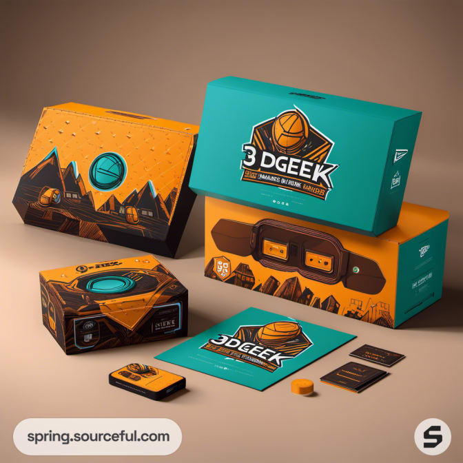 Teal and orange packaging set with mountain graphics.