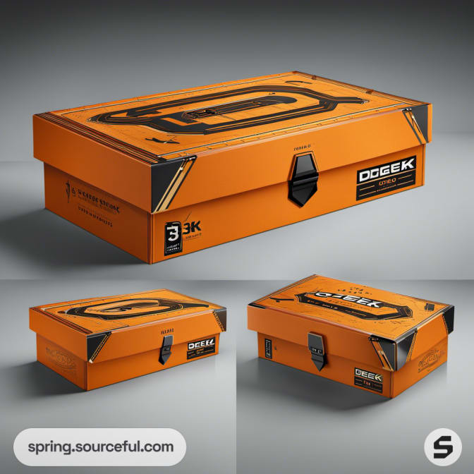 Orange shoe box with sleek design elements, rectangular shape.