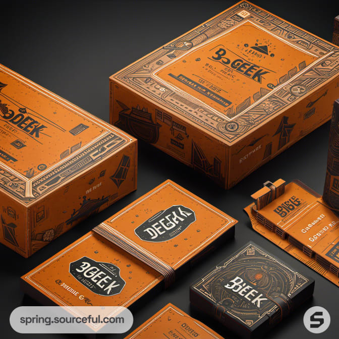 Vintage-style orange and black packaging with intricate patterns.