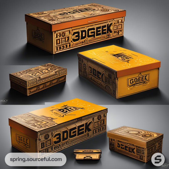 Bold orange and black cardboard boxes with 3DGEK text.