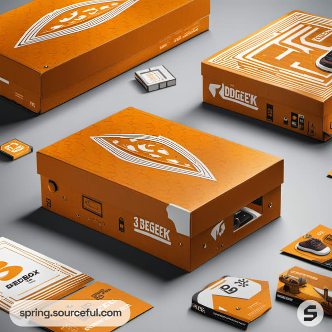 Orange packaging displaying an abstract design and various components.