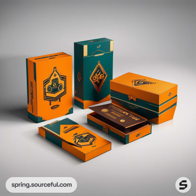 Tall and flat orange and teal packaging with geometric motifs.