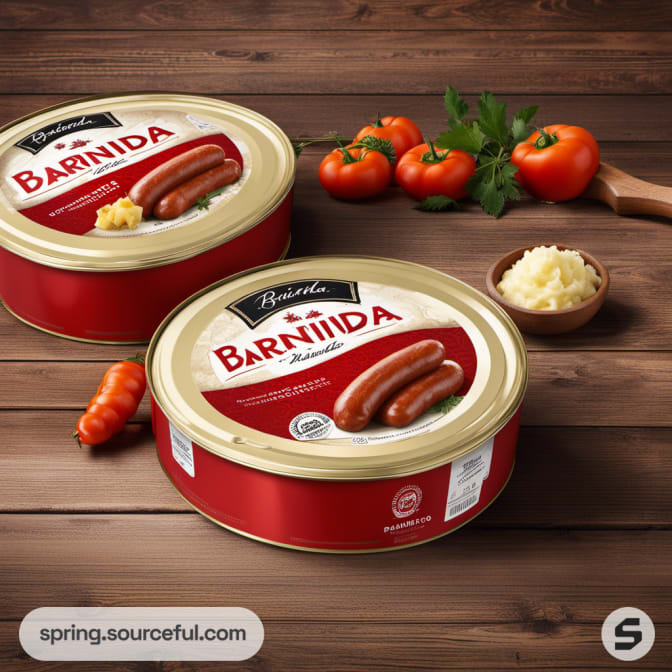 Round tin cans with sausages, tomatoes, and garlic on wooden table.