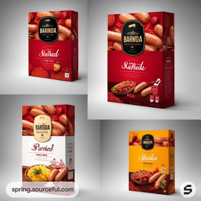 Red packaging boxes of sausages with food images on front.