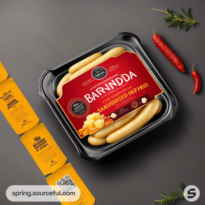Black tray of sausages with red and yellow packaging elements.