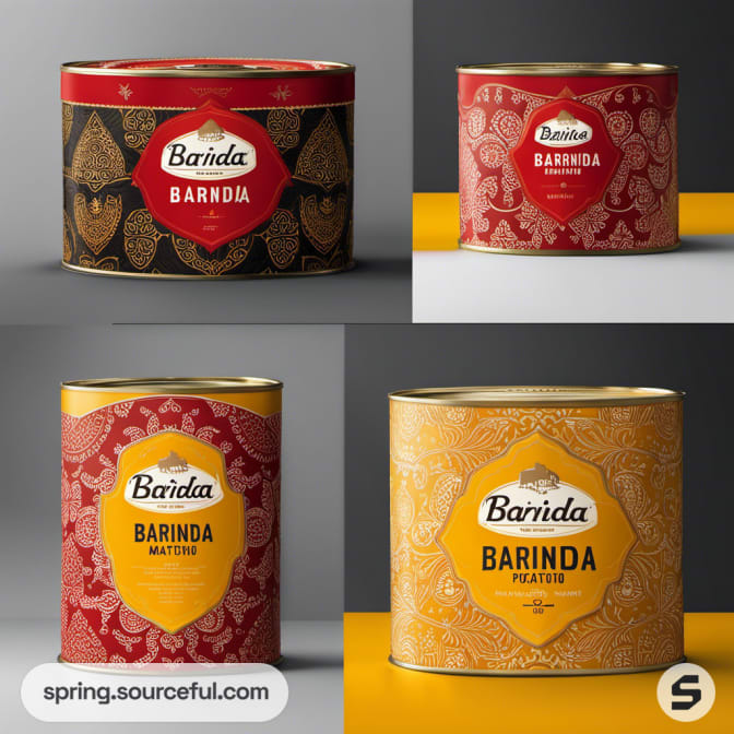 Four tin cans with intricate designs in red and yellow.