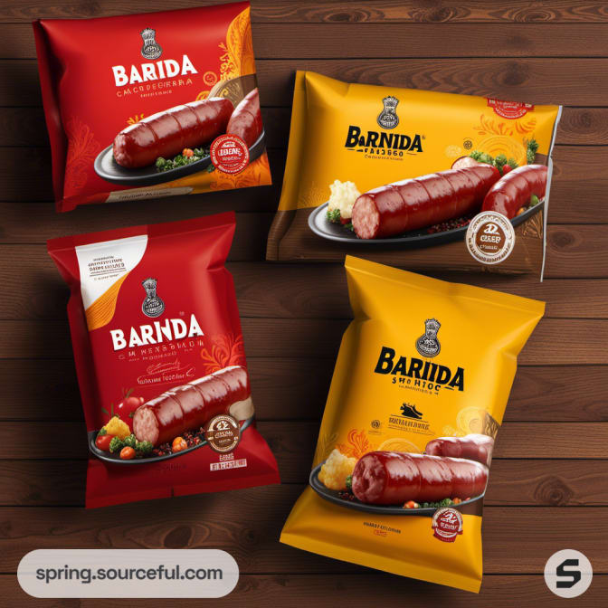 Four sausage packaging bags in red and yellow on wooden background.
