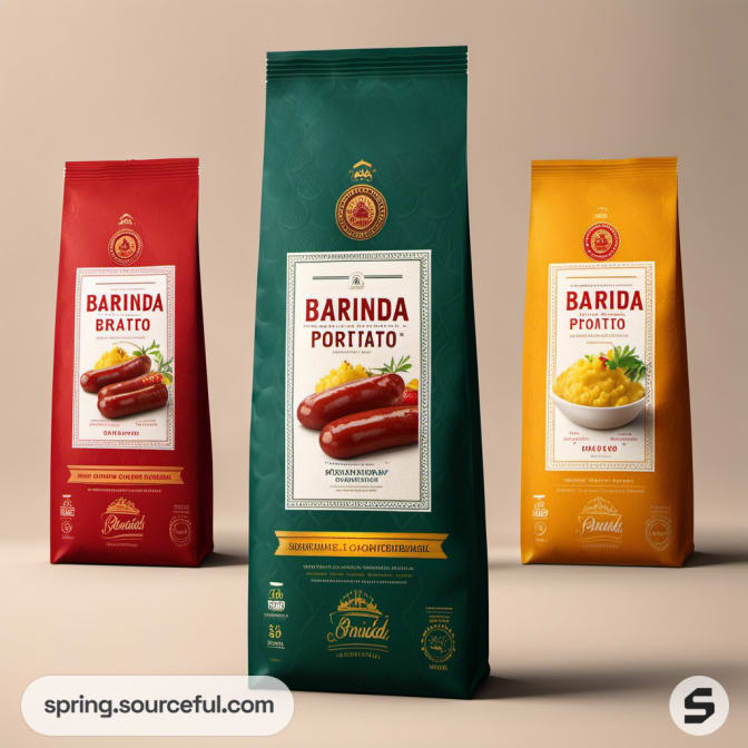 Three tall bags of potato and sausage, colorful design.