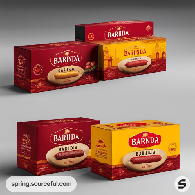 Four boxes of sausages in red and yellow with food images.