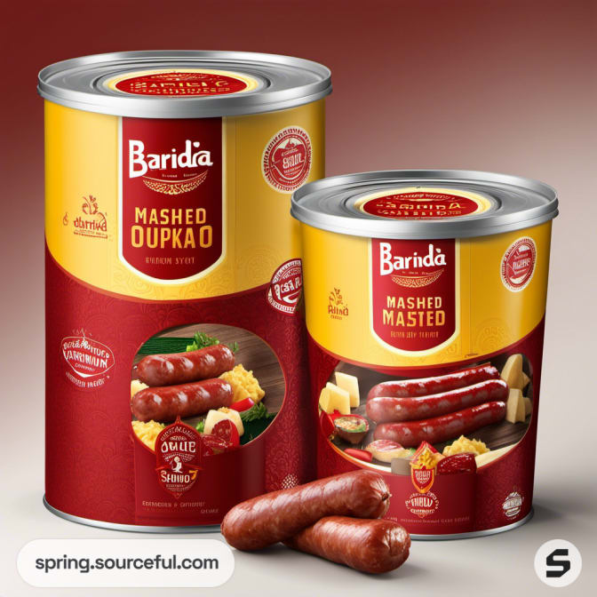 Cylindrical cans of mashed sausage products in red and yellow.