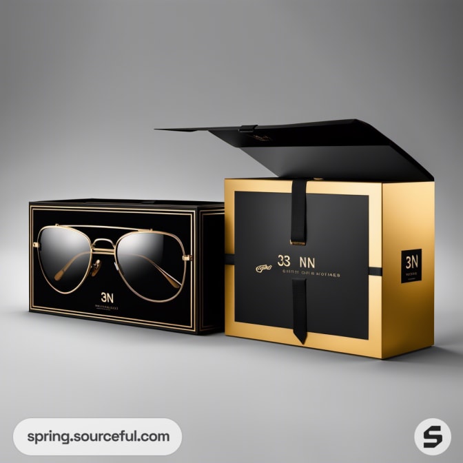 Black and gold box with aviator sunglasses inside.