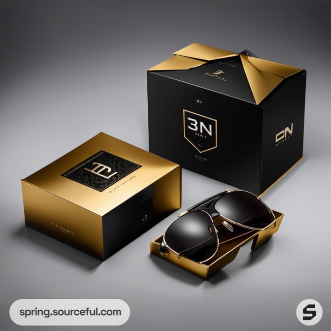 Stylish square sunglasses in black and gold packaging.