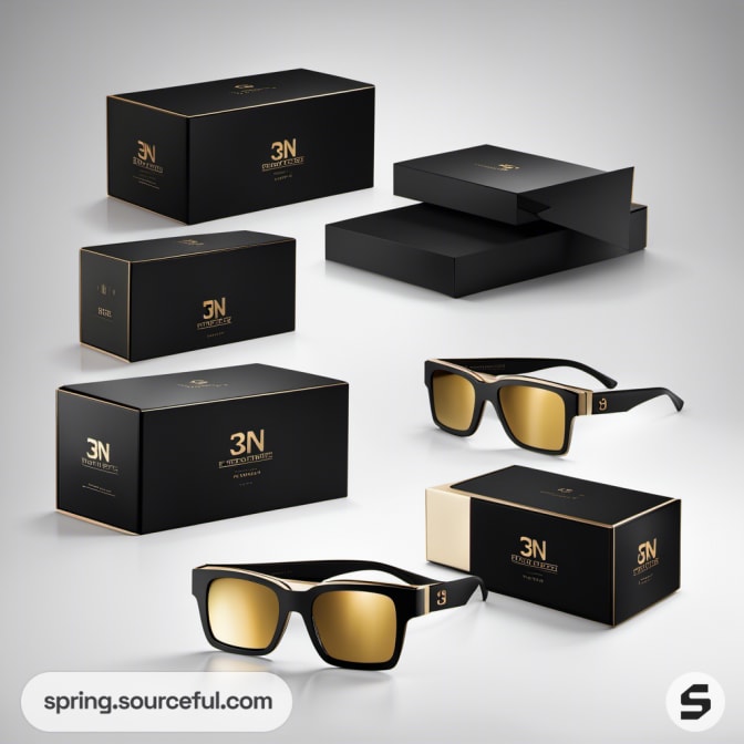 Rectangular sunglasses with gold and black boxes.