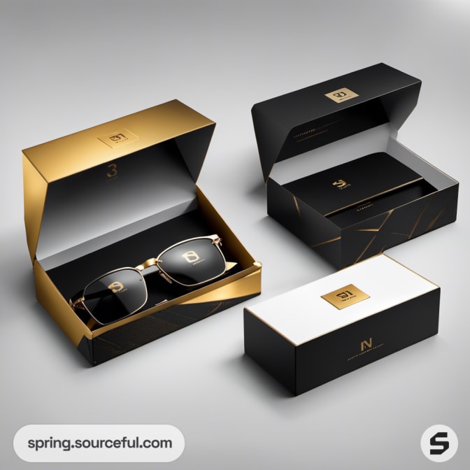 Square sunglasses in sleek black and gold packaging.
