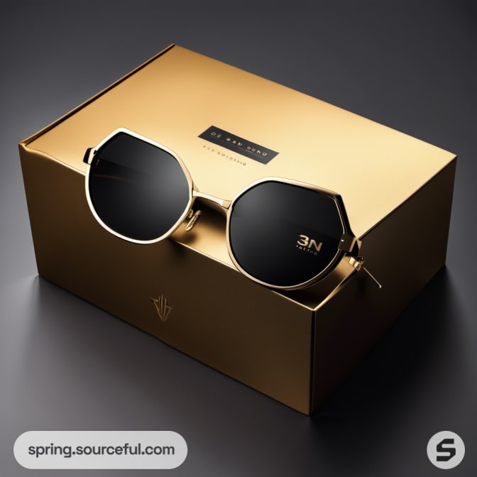 Hexagonal sunglasses on a sleek gold box.