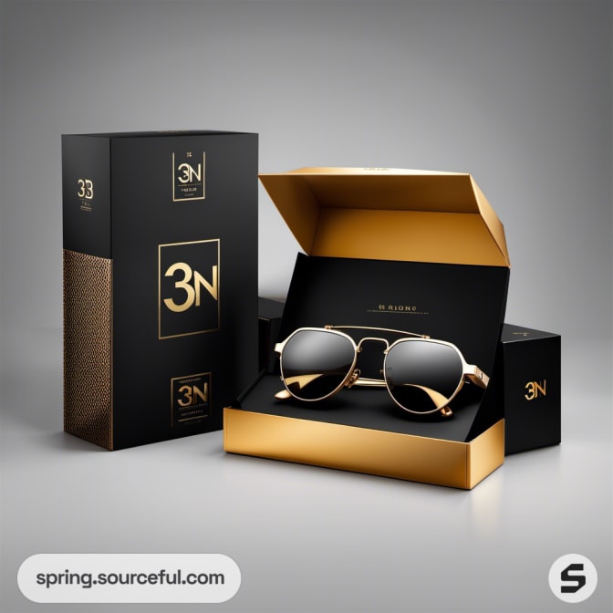 Aviator sunglasses in an elegant black and gold box.