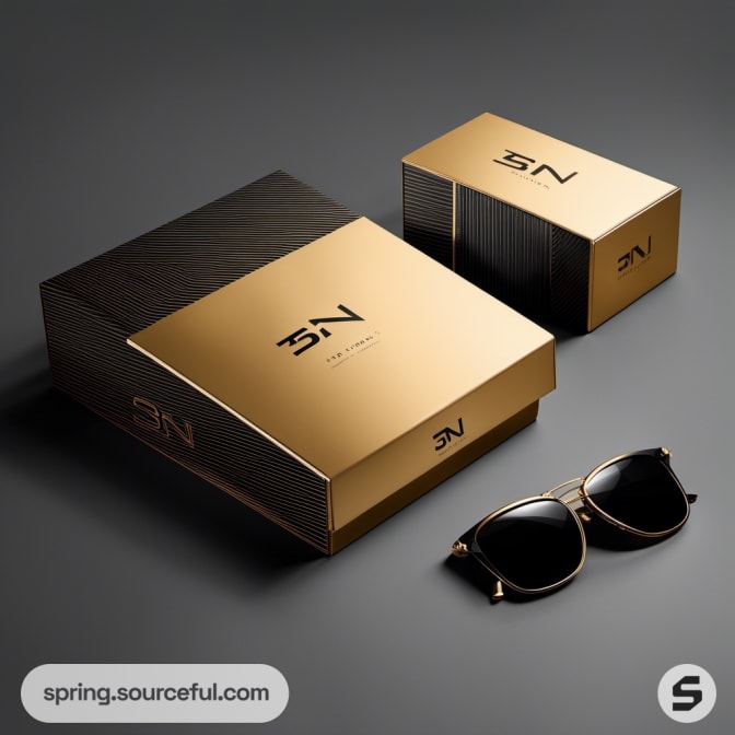Square sunglasses with textured black and gold boxes.