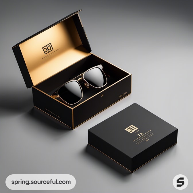 Aviator sunglasses in a refined black and gold box.