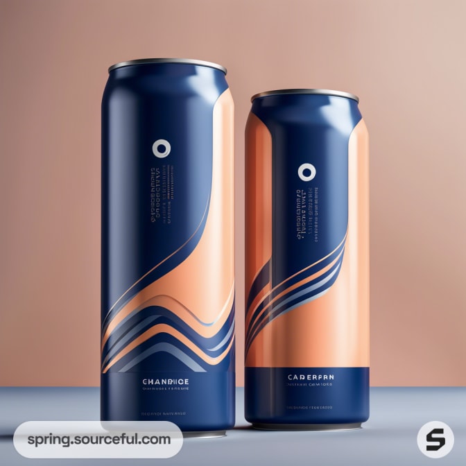 Tall blue and orange beverage cans with abstract wave design on gradient background.