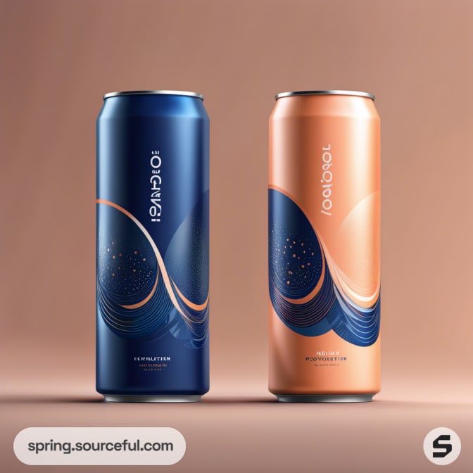 Two tall cans with abstract wave designs, one blue and one orange, on a soft peach background.