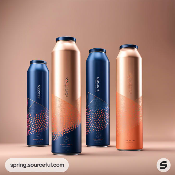 Tall sleek cans with blue and copper designs, standing on a neutral background.