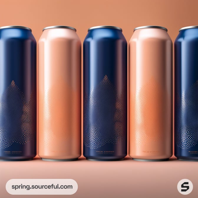 Row of navy blue and peach metallic beverage cans with subtle dotted patterns on a gradient background.