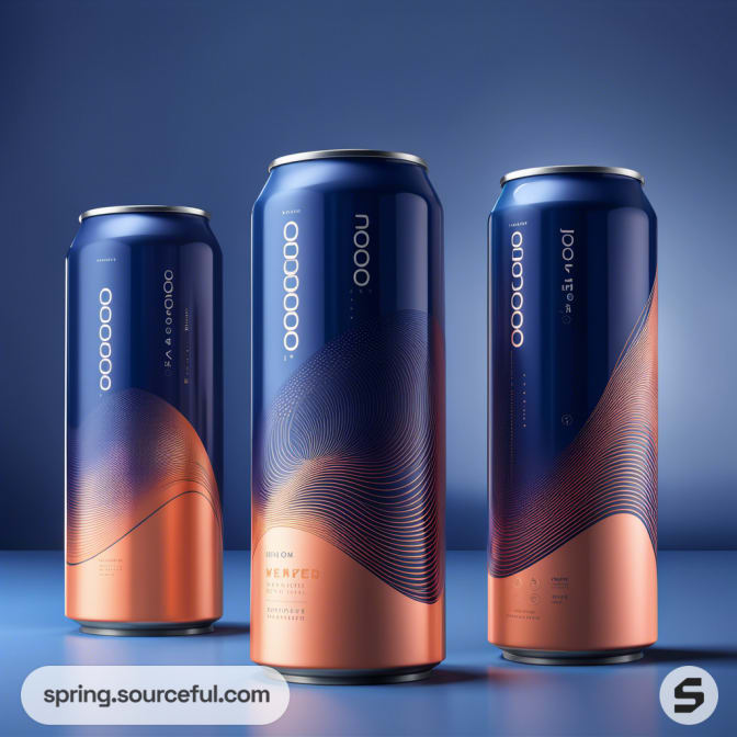 Tall navy and copper beverage cans with abstract wavy patterns on a blue background.