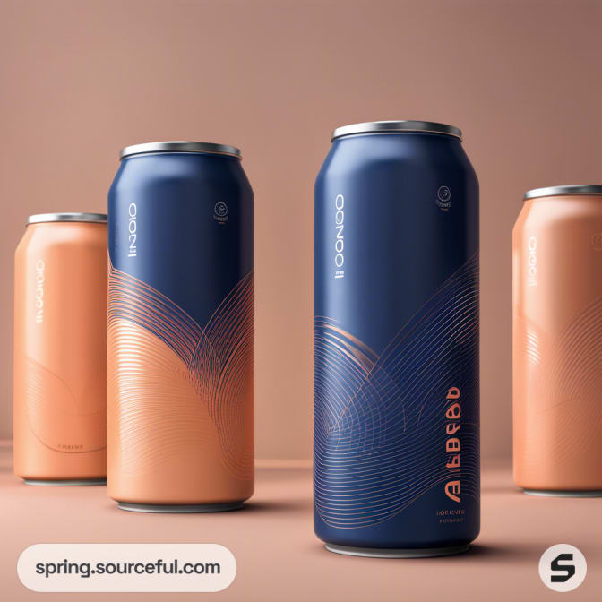 Tall, sleek beverage cans with a blue and peach gradient design, featuring abstract line patterns on a plain background.