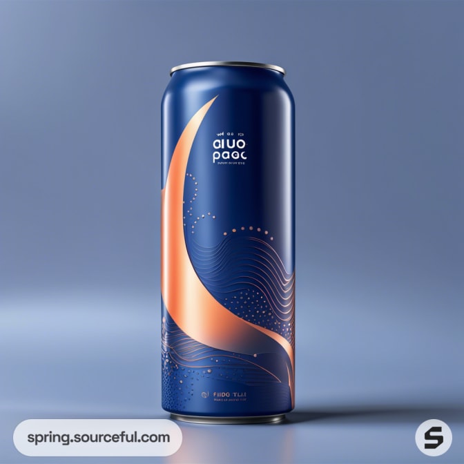 Tall blue can with copper wavy design on blue gradient background.