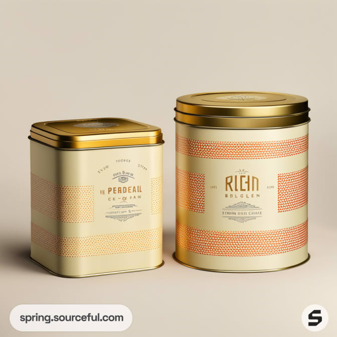 Two metal tins with beige and orange patterns, featuring gold lids, against a neutral background.
