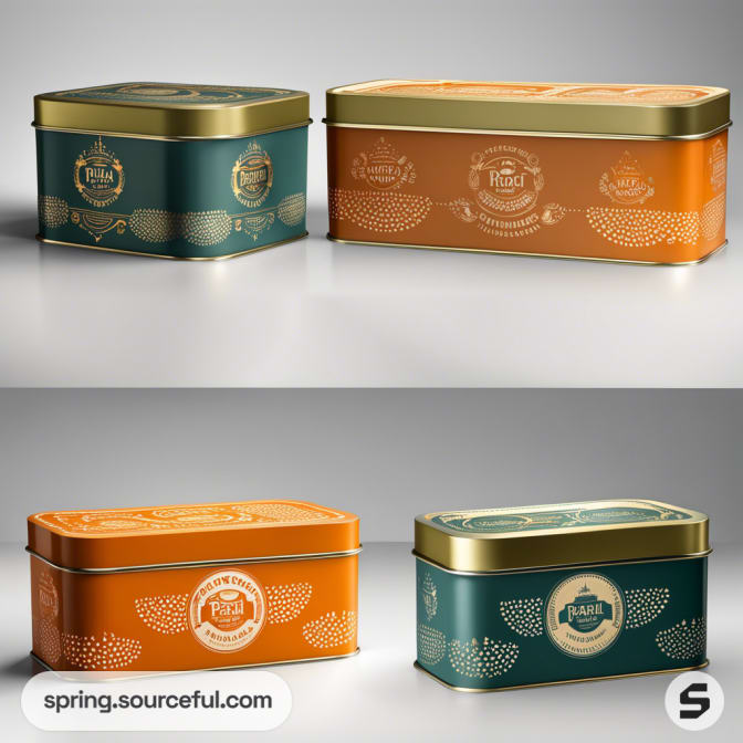 Decorative metal tins with teal and orange designs, featuring gold lids and patterns, used for packaging.