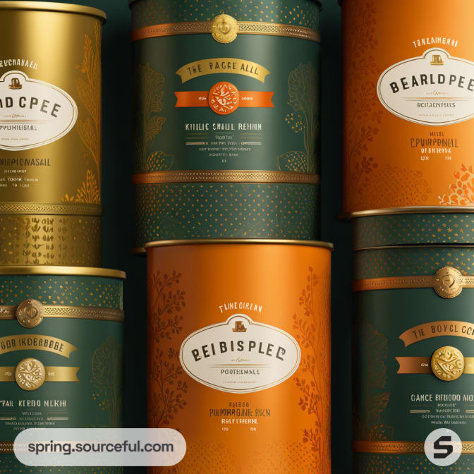 Assorted tea canisters with elegant green and orange designs and white labels stacked on display.