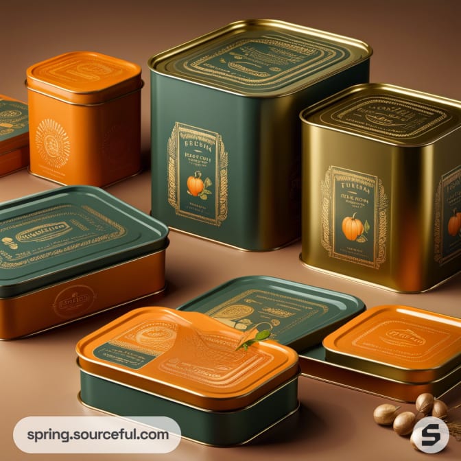 Assorted rectangular tins with orange and dark green colors, featuring ornate labels and a polished finish.
