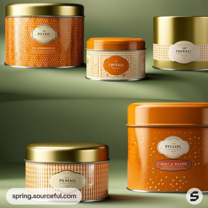 Assorted orange tins with gold and orange lids, featuring dotted and striped patterns, set against a green background.