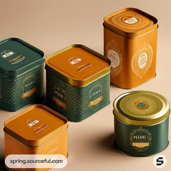 Assorted square and round tea tins in green and orange hues, each with decorative labels on a beige background.