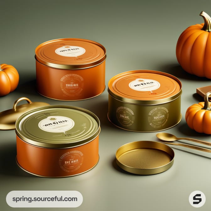 Round metal tins in harvest colors with lids, surrounded by small pumpkins and a spoon on a smooth surface.