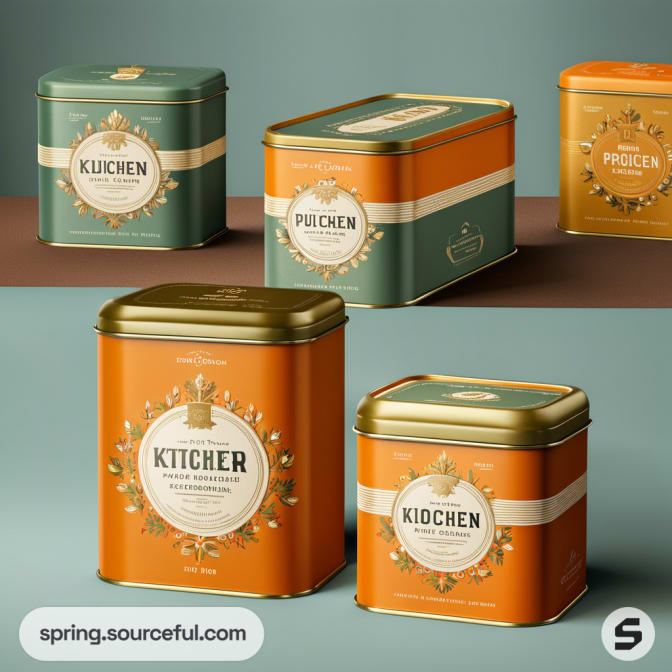 Vintage-style square and rectangular metal tins in green and orange with decorative labels on a two-tone surface.