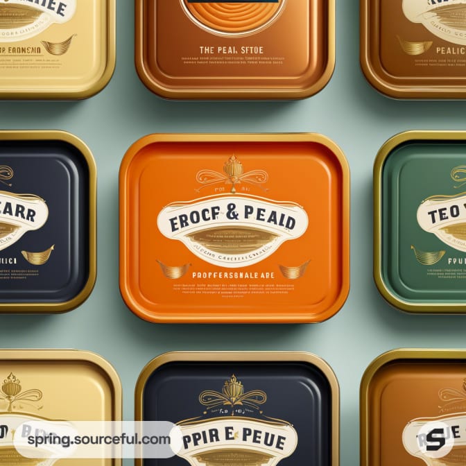 Rectangular tins with various colors and decorative labels on a light background.