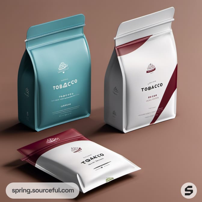 Three standing pouches in teal, white, and burgundy on a brown background.